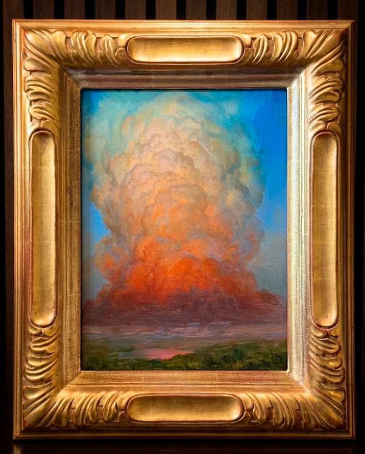 Vespertine — an original oil painting of a towering cloud lit orange from below, in a carved gilt frame